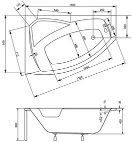 Cada baie asimetrica cu sezut, acril, 150 x 95 cm, orientare stanga, Besco Rima 1500x950 mm, Stanga