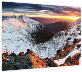 Tablou pe sticlă - Panoramă montană de iarnă (70x50 cm)