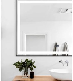 Oglindă Baie LED și Dezaburire Elit's Premium cu Senzor Touch, Lumina Rece, Caldă și Neutră, 100x65cm, cu rama Negru Antichizat, Ceas