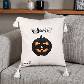 Perna Decorativa Happy Halloween Dovleac Negru cu Paianjen, 40x40 cm, Bej cu Franjuri, Husa Detasabila, Perna Inclusa, BEKZ®