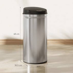 Coș de gunoi HOMCOM de 42L cu Senzor de Mișcare și Deschidere Automată, din Oțel Inoxidabil și ABS, 30.5x30.5x68 cm, Negru și Argintiu | Aosom Romania