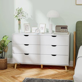 HOMCOM Comodă cu 6 Sertare și Mânere, Comodă din Lemn de Pin și Melamină, 120x40x76 cm, Alb