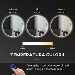 Kleankin Oglinda de Baie Rotunda cu Lumina LED in 3 Culori si intrerupatoare Touch, Ø70x3.5 cm, Transparent | Aosom Romania