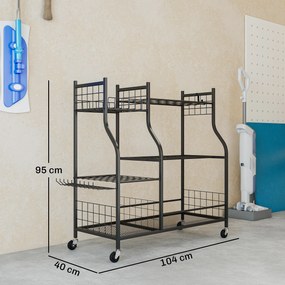 Outsunny Organizator de Ounelte de Grădină în Oțel pe 3 Nivele, 74 Emplacements, 4 Roues, 11 Crochets, 104x40x95cm, Negru | Aosom Romania