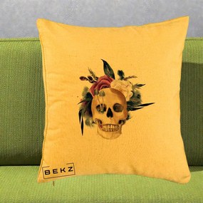Perna Decorativa Craniu Floral cu Trandafiri si Ciuperci, 40x40 cm, Galben, Husa Detasabila, Perna Inclusa, BEKZ®