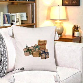 Perna Decorativa Cadouri de Craciun Kraft, 40x40 cm, Bej cu Franjuri, Husa Detasabila, Perna Inclusa, BEKZ®