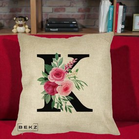 Cadou Personalizat - Perna Personalizata Monograma Florala Litera K, 40x40 cm, Crem, Husa Detasabila, Perna Inclusa, BEKZ®