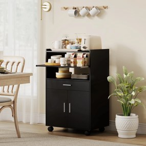 HOMCOM Dulap pentru Cuptorul cu Microunde cu Roți, Bufet de Bucătărie cu Sertar, Blat pentru Aparate, Dulap cu 2 Uși, Raft Retractabil și Raft Deschis, Cărucior de Bucătărie pentru Sufragerie, 59x40x92cm, Negru | Aosom Romania