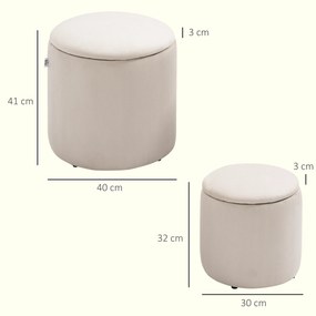 HOMCOM Set de 2 Pouf-uri pentru Depozitare Salvaspazio Rotunde și Îmbunătățite din Catifea cu Nervuri, Alb | Aosom Romania