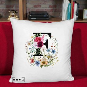Cadou Personalizat - Perna Personalizata Monogram Litera F cu Flori Acuarela, 40x40 cm, Alb Pufos, Husa Detasabila, Perna Inclusa, BEKZ®
