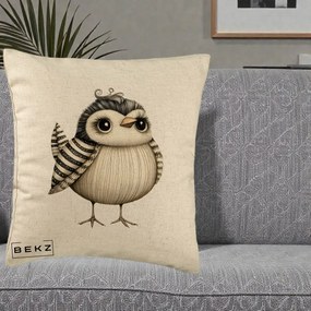 Perna Decorativa Pui Elegant Alb-Negru, 40x40 cm, Bej, Husa Detasabila, Perna Inclusa, BEKZ®