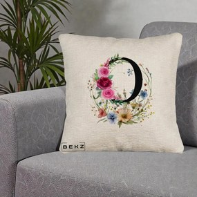 Cadou Personalizat - Perna Personalizata Monogram Litera O cu Flori Acuarela, 40x40 cm, Bej Canapea, Husa Detasabila, Perna Inclusa, BEKZ®