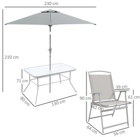 Outsunny Set de Grădină cu Masă, 6 Scaune Pliante și Umbrelă de Soare cu Manivelă, Lounge în Aer Liber din 8 Piese, 130x80x71 cm, Gri