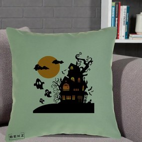 Perna Decorativa Halloween Casa Bantuita cu Fantome, 40x40 cm, Verde, Husa Detasabila, Perna Inclusa, BEKZ®