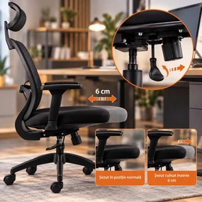 Scaun de birou ergonomic din mesh cu brațe 3D și spătar rabatabil OFF 404 negru