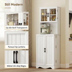 HOMCOM Mobilă de Depozitare pentru Bucătărie cu 2 Dulapuri și 8 Rafturi, din Lemn și Acrilic, 60x39.5x179.6 cm, Alb | Aosom Romania