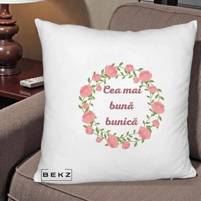 Cadou pentru Bunica - Perna Personalizata Cea Mai Buna Bunica Coronita Trandafiri Roz Clasic, 40x40 cm, Alb Pufos, Husa Detasabila, Perna Inclusa, BEKZ®