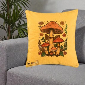 Perna Decorativa Ciuperci Vintage Floral, 40x40 cm, Galben, Husa Detasabila, Perna Inclusa, BEKZ®