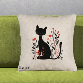 Perna Decorativa Pisica Neagra Flori Rosii Folk Minimal, 40x40 cm, Bej Canapea, Husa Detasabila, Perna Inclusa, BEKZ®