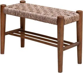 Banchetă vintage din iută naturală împletită și lână, cu structură din lemn masiv, 70×45×30 cm, „Sage"
