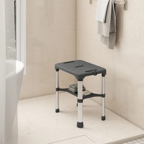 HOMCOM Scaun de Duș din Aluminiu cu Raft Integrat, Înălțime Reglabilă pe 5 Niveluri, Suport 150kg, Gri | Aosom Romania