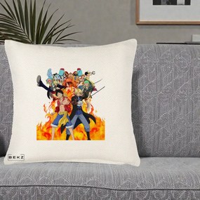 Perna Personalizata One Piece Echipa Straw Hat in Flacari, 40x40 cm, Crem Reliefat, Husa Detasabila, Perna Inclusa, BEKZ®