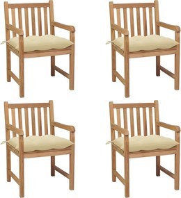 vidaXL Scaune de grădină cu perne alb crem, 4 buc., lemn masiv de tec