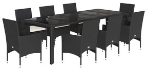 3278585 vidaXL Set mobilier de grădină cu perne 9 piese negru poliratan&sticlă