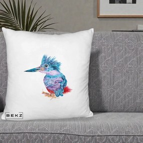 Perna Decorativa Pasare Martin Pescar Acuarela Albastru-Mov, 40x40 cm, Alb Pufos, Husa Detasabila, Perna Inclusa, BEKZ®