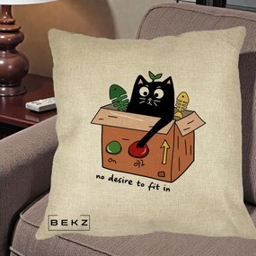 Perna Decorativa Pisica in Cutie No Desire to Fit In, 40x40 cm, Crem, Husa Detasabila, Perna Inclusa, BEKZ®