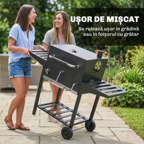 Outsunny grătar pe cărbune, grilă reglabilă, rafturi rabatabile, termometru. | Aosom Romania