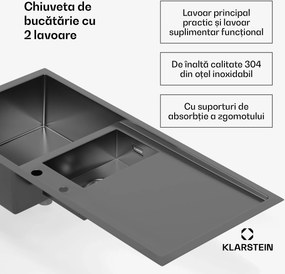 Klarstein Chiuvetă de bucătărie TitanSteel cu scurgere, 100 x 45 cm, oțel inoxidabil, rezistent la zgârieturi, rezistent la căldură