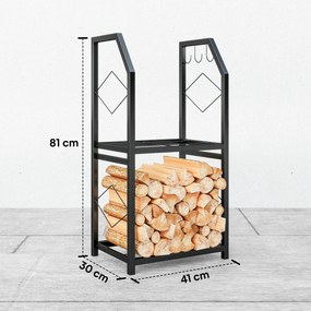 Outsunny Suport de Lemne din Oțel pe 2 Nivele cu 3 Cârlige Laterale 41x30x81cm Negru | Aosom Romania