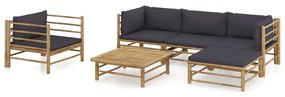 Set mobilier de gradina, 6 piese, perne gri inchis, bambus Morke gra, 2x colt + mijloc  + fotoliu + suport pentru picioare + masa, 1