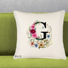 Cadou Personalizat - Perna Personalizata Monogram Litera G cu Flori Acuarela, 40x40 cm, Crem Reliefat, Husa Detasabila, Perna Inclusa, BEKZ®