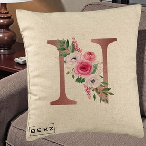 Cadou Personalizat - Perna Personalizata Monograma Rose Gold Litera N, 40x40 cm, Bej, Husa Detasabila, Perna Inclusa, BEKZ®