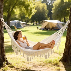 Outsunny Hamac Exterior Boem, Hamac de grădină Suspendat cu Franjuri și Sac de Transport extra-larg 288 x 150 cm, Bej | Aosom Romania