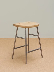 Scaun de bar din lemn de mango și metal, natur, pentru insulă, în stil industrial, cu șezut scobit și suport pentru picioare, 60 x 42 x 37 cm, „Hinto”