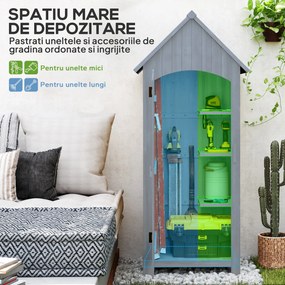 Outsunny Căsuță pentru Unelte din Lemn cu 3 Rafturi cu Acoperiș Impermeabil din Bitum, 77.5x54.2x179.5 cm, Gri | Aosom Romania