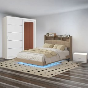Dormitor COD A013 CREM - Pat 160X200 cu LED si Saltea Inclusa