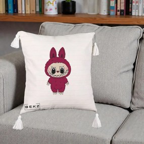 Perna Personalizata Labubu Rosu-Visiniu Solo, 40x40 cm, Bej cu Franjuri, Husa Detasabila, Perna Inclusa, BEKZ®