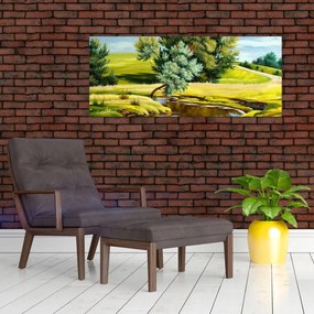 Tablou - Râu între câmpii, pictură în ulei (120x50 cm)