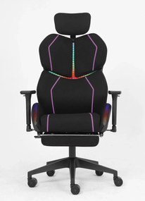 LUMINA X-Motion Pro –Scaun Gaming & Office Premium cu LED RGB, Masaj Lombar, Translatie Sezut și Suport pentru Picioare – Confort Inteligent și Design Spectaculos, Textil, Negru/Mov