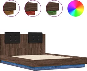 vidaXL Cadru de pat cu tăblie și lumini LED, stejar maro, 135x190 cm