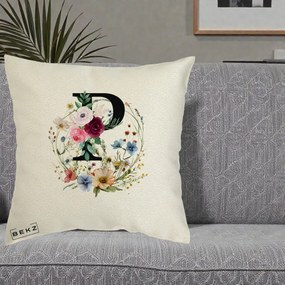 Cadou Personalizat - Perna Personalizata Monogram Litera P cu Flori Acuarela, 40x40 cm, Ecru, Husa Detasabila, Perna Inclusa, BEKZ®