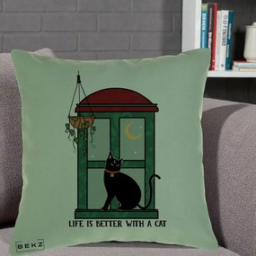 Perna Personalizata Life is Better with a Cat Geam, 40x40 cm, Verde, Husa Detasabila, Perna Inclusa, BEKZ®