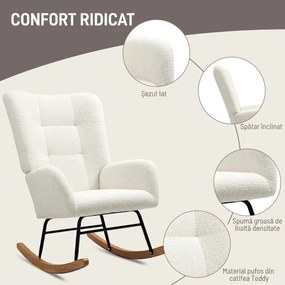 HOMCOM Balansoar, Fotoliu din Catifea Teddy, Scaun Relax cu Picioare din Lemn, Balansoar pentru Dormitor și Living, Alb Crem | Aosom Romania
