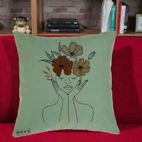 Perna Decorativa Portret Feminin Coroana Trei Flori, 40x40 cm, Verde, Husa Detasabila, Perna Inclusa, BEKZ®