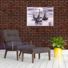 Tablou pe sticlă - Port marin, pictură în ulei (70x50 cm)