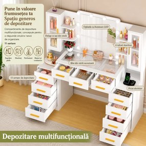 Set Masa toaleta alba 160 cm, cu Priza si USB, cosmetica, machiaj, oglinda cu LED, masuta vanity cu Blat de Sticla, make-up - SEA437